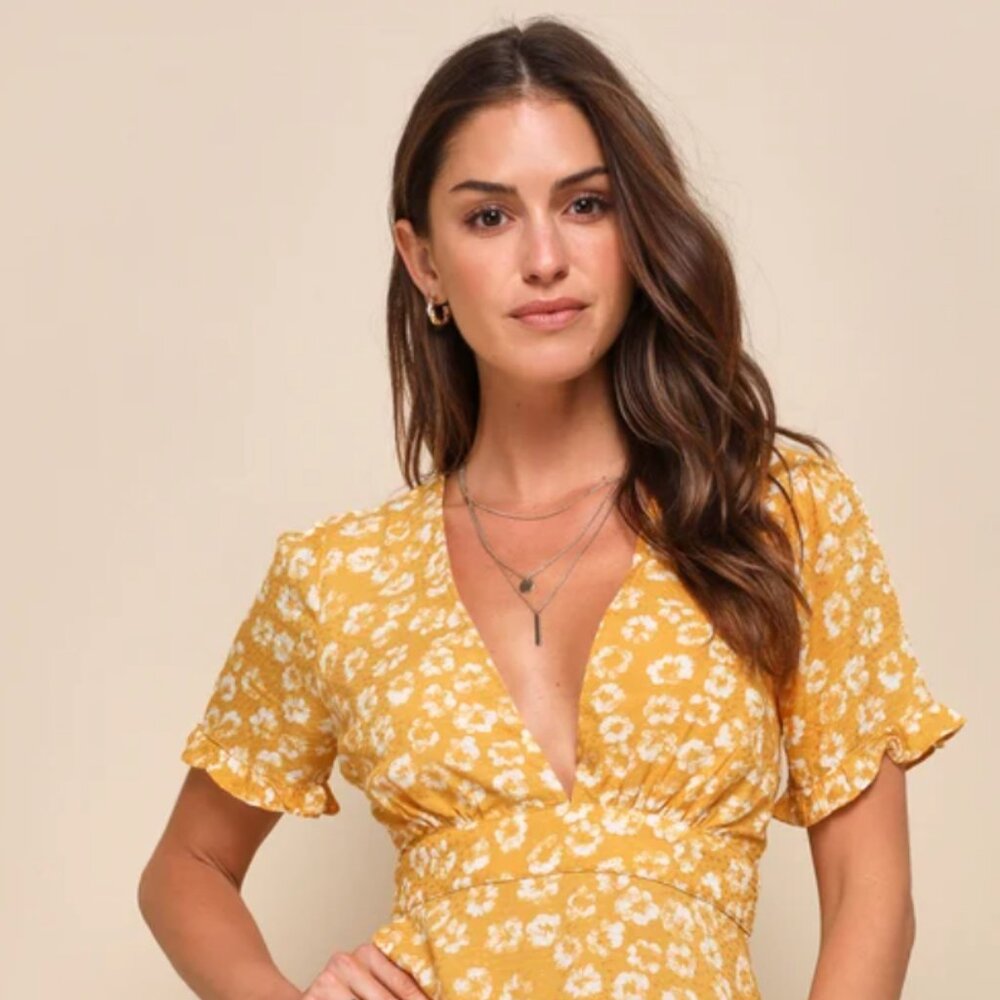 Garden Explorer Mustard Yellow Floral Print Mini Dress